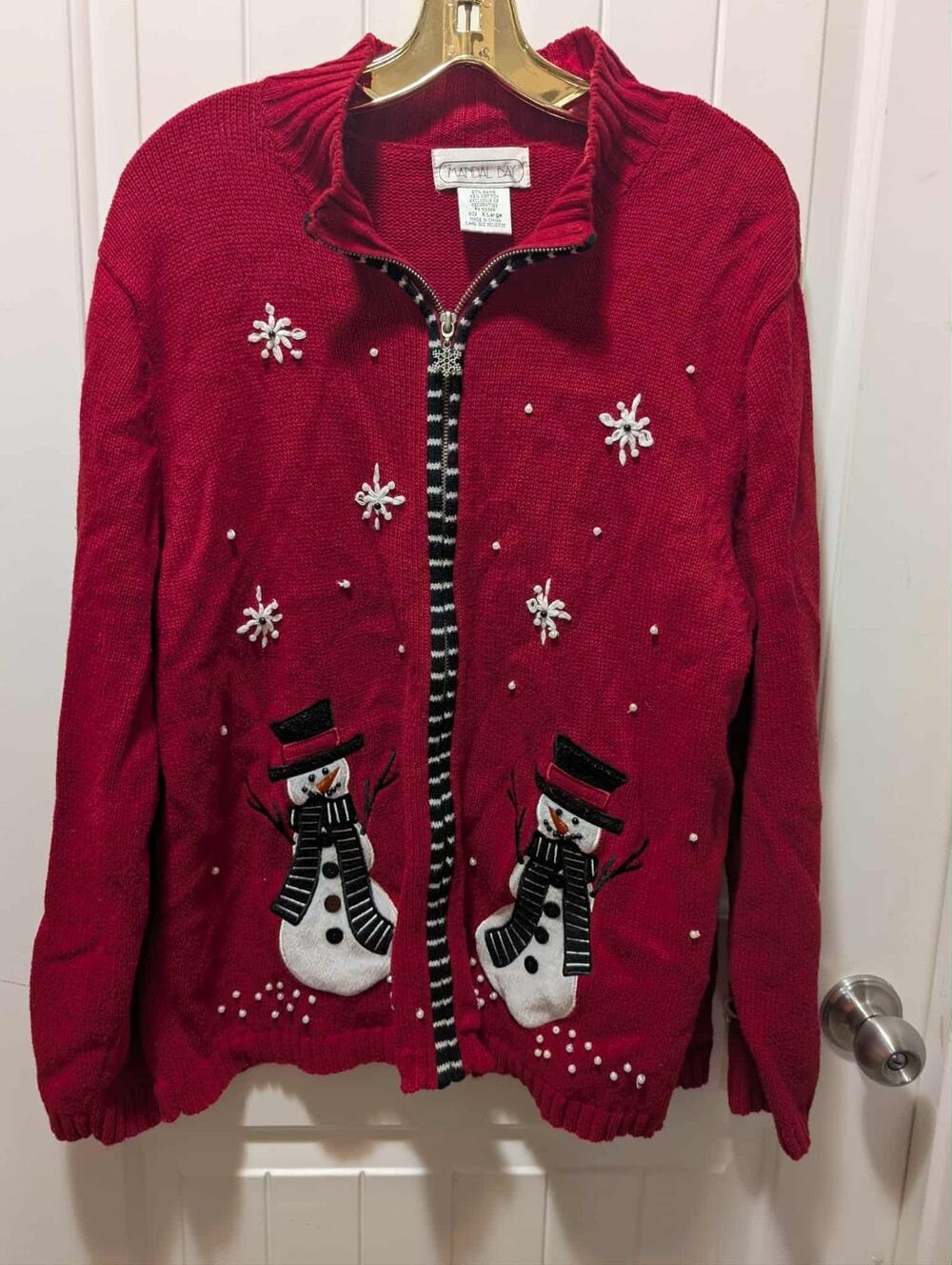 Vintage Mandal Bay Size XL Snowman Cardigan Red Christmas Sweater Holiday